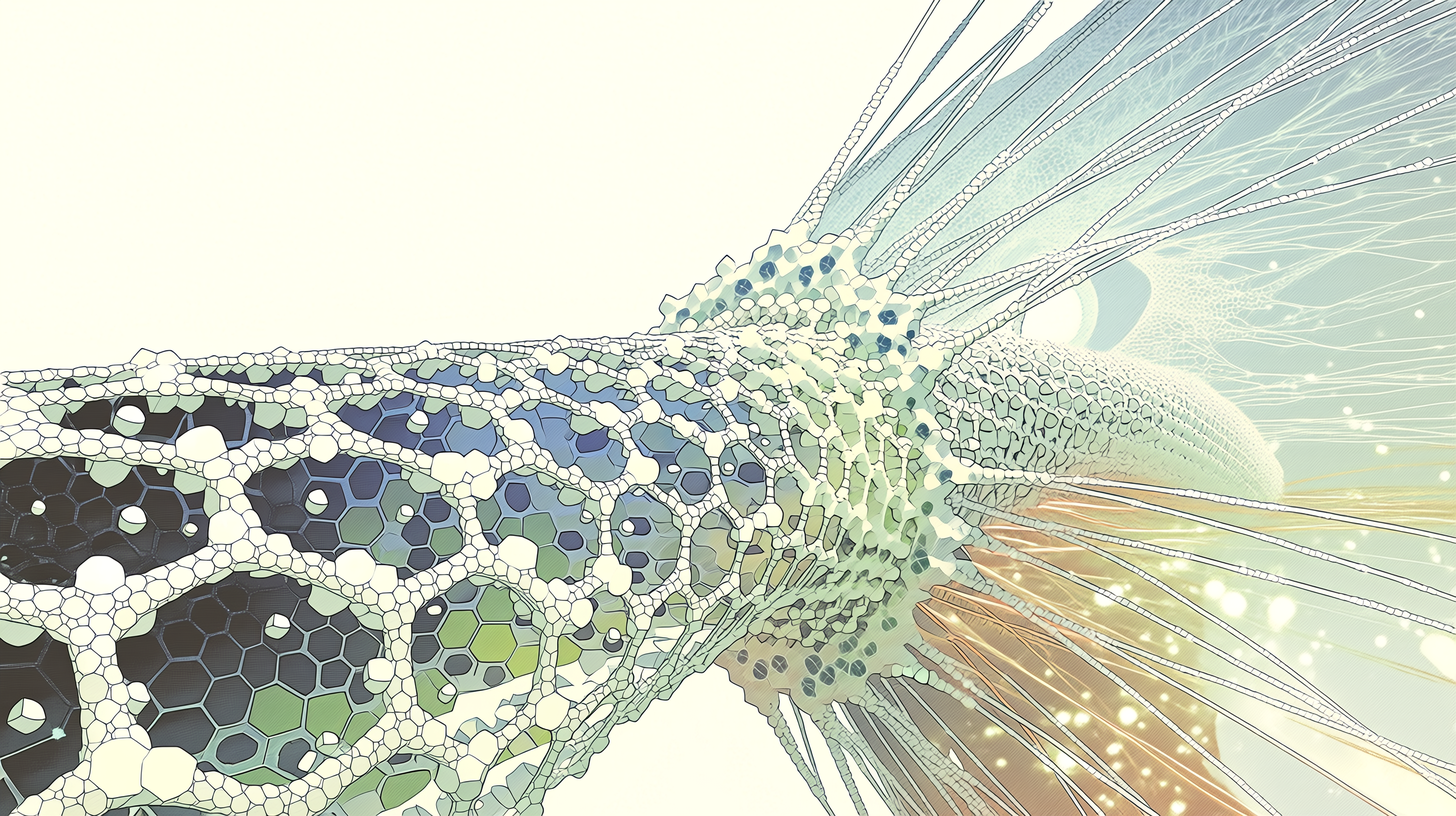 AI-driven materials discovery — lattice structures dissolving into photonic pathways