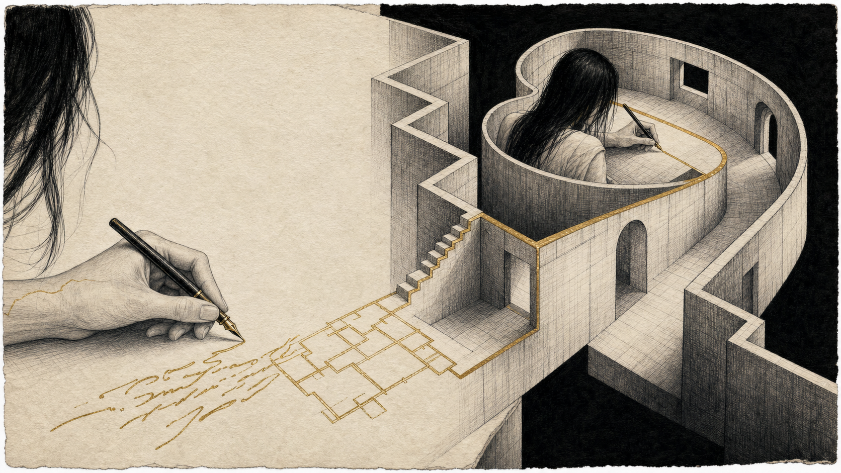 An impossible manuscript writes itself into a corridor around the hand composing it.