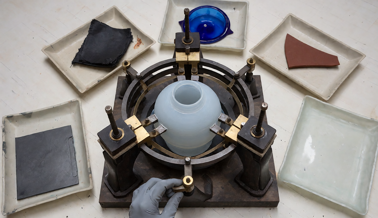 Fresh translucent porcelain forms inside an inherited reconstruction jig whose old pressures guide without determining it.
