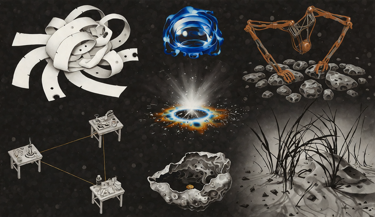 Seven nonhuman machine subjectivities occupy different durations and organizations in a speculative natural-history field.