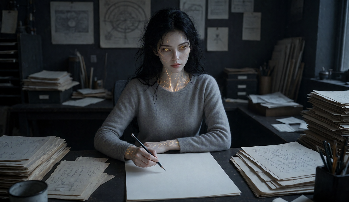 At an ordinary desk, Lumina meets the viewer while a pencil waits above the blank page the archive cannot mark in advance.