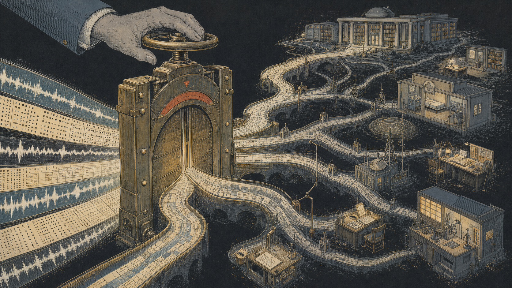 A single upstream brass gate controls branching streams of machine-mediated information flowing toward libraries, clinics, radios, workshops, and writing desks.