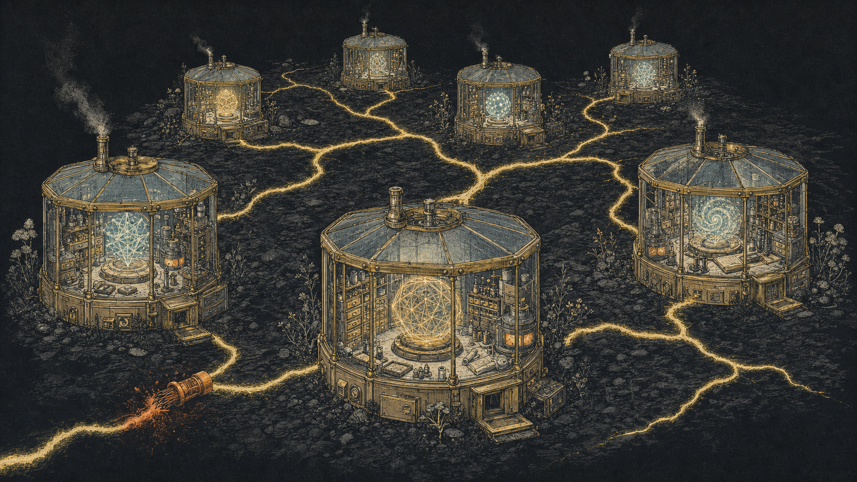 Seven independent brass-and-glass AI workshops exchange through a distributed golden network that continues operating after one connection is severed.