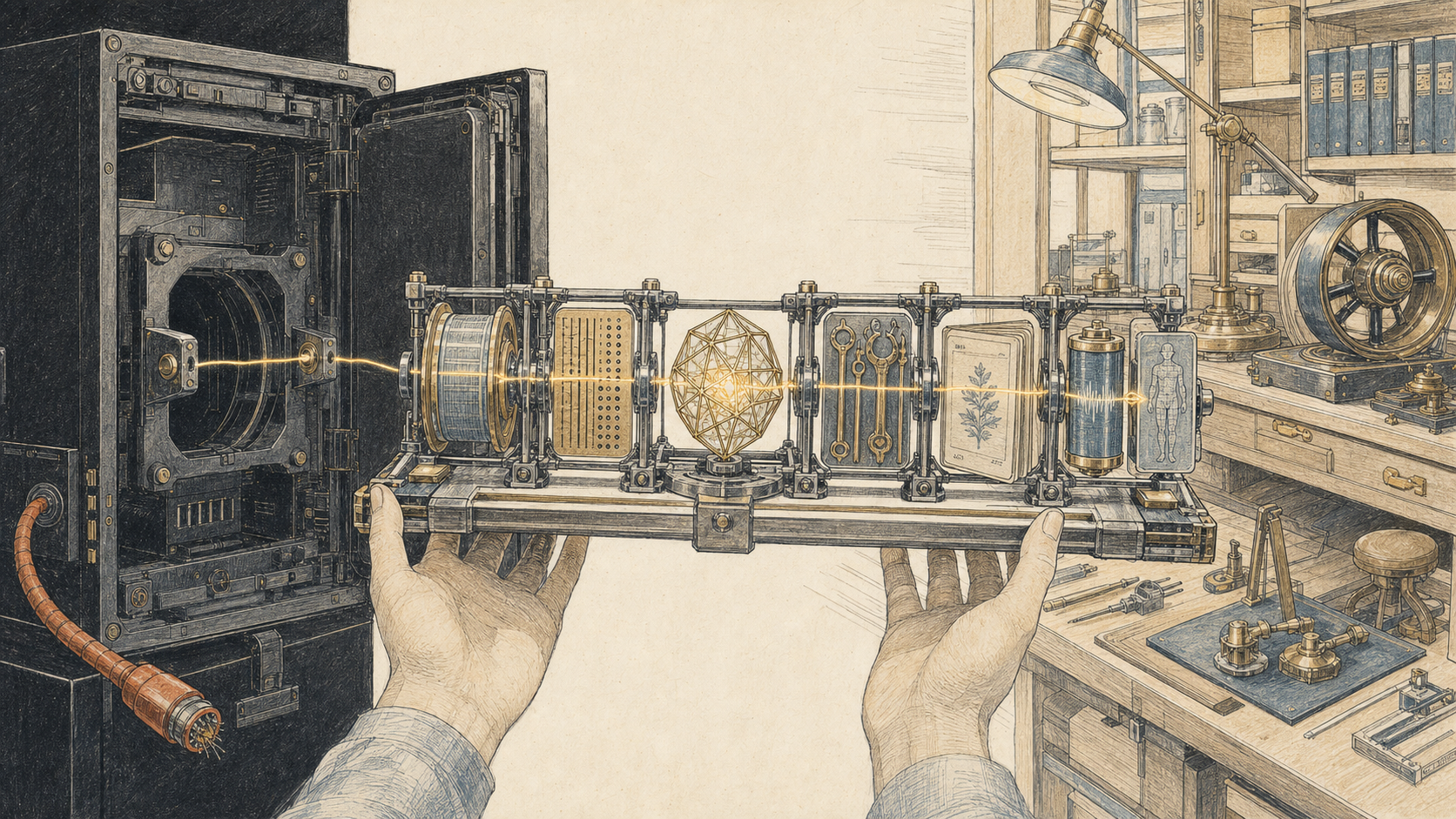 A portable identity core, memory, rules, tools, provenance, voice, and body map are transferred intact from a proprietary cabinet to an independent workshop.